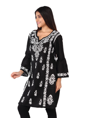 Cotton round neck black short kurti for women