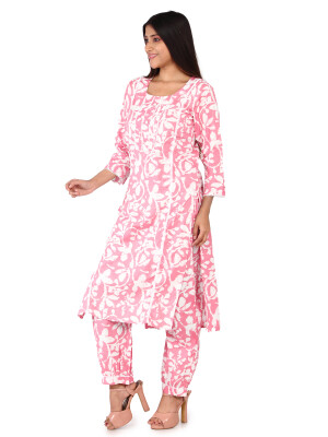 Pink round neck cotton afgani pant set for women