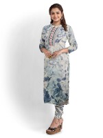 Blue round neck digital printed floral kurta pant and dupatta set