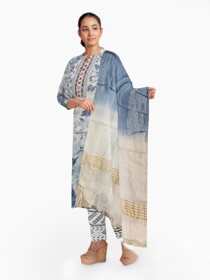 Blue round neck digital printed floral kurta pant and dupatta set