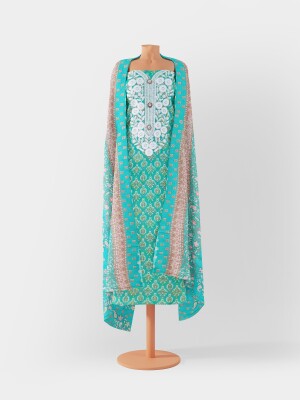 Green summer wear cotton printed neck embroidery unstitched suit | dress material