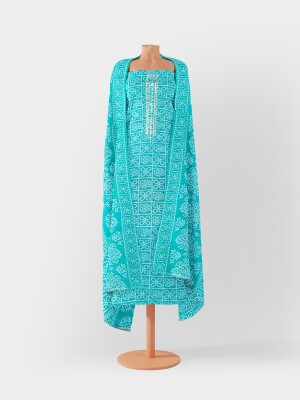 Stunning sea green cotton print unstitched suit | dress material for women