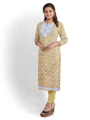 Yellow neck embroidery cotton print unstitched suit | dress material