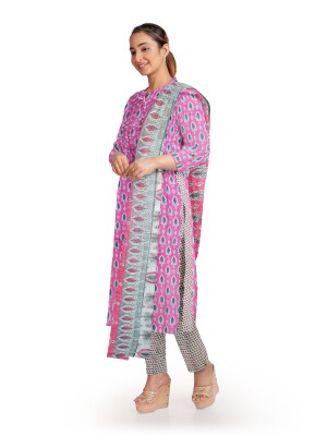 Summer wear printed pink cotton unstitched suit | dress material
