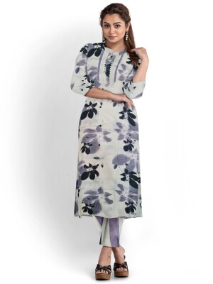 Grey floral print cotton kurta with pant & dupatta set