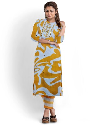 Mustard cotton kurta set with pant & dupatta set for women