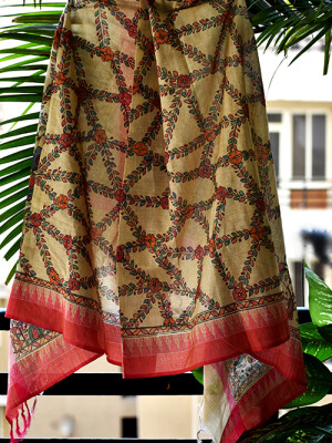 Beige hand painted madhubani all over cotton dupatta