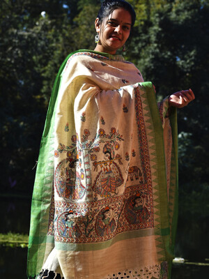 Traditional madhubani hand painted cotton dupatta