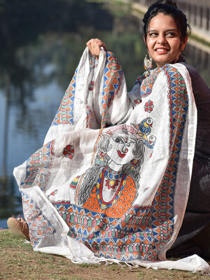 Hand Painted white linen madhubani dupatta