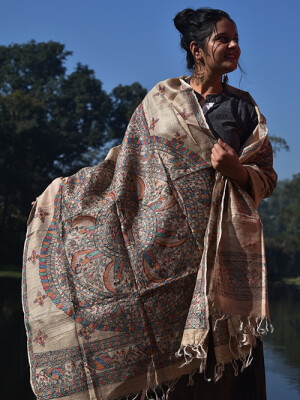 Hand painted tussar silk madhubani dupatta