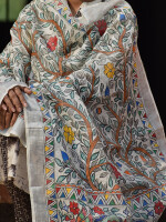 Madhubani all over floral motifs hand painted linen dupatta
