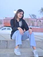 Black linen with white thread hand embroidery shirt for women