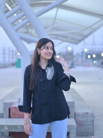 Black linen with white thread hand embroidery shirt for women