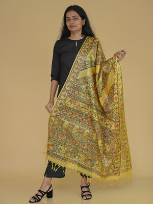 Yellow hand painted tussar silk madhubani dupatta