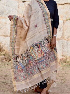 Natural tussar silk madhubani hand painted dupatta