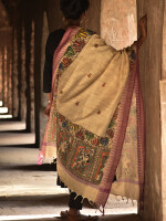 Madhubani handpainted cotton dupatta with temple border