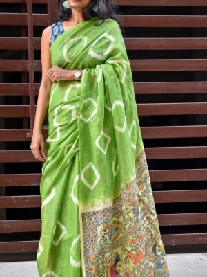 Shibori bandhani tie & dye, mithila painted linen saree