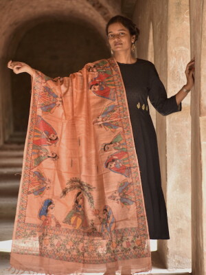 Salmon tussar silk dupatta hand painted in madhubani style