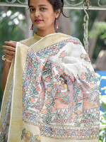 Beautiful hand painted madhubani linen saree