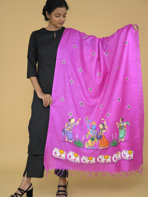 Krishna samyukta pattachitra hand painted munga silk dupatta