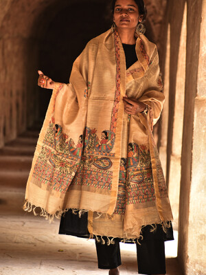 Zari border tussar silk madhubani dupatta