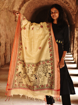 Beige madhubani hand painted cotton dupatta