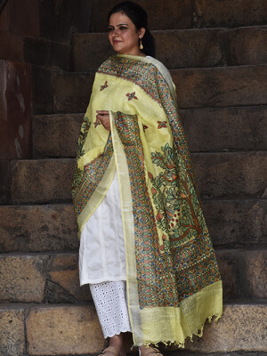 Radha krishna hand painted madhubani linen dupatta