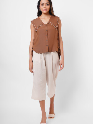 Women's western wear,  scalping, embroidery, brown top, victorian collar by Vishesh Kapoor