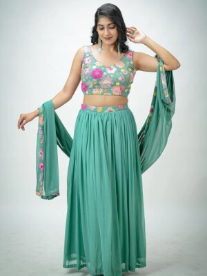 Sea green net embroidered floral & plain blouse with chiffon skirt