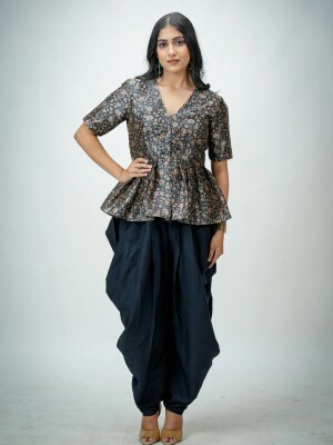 Rayon silk printed peplum top and full length pants