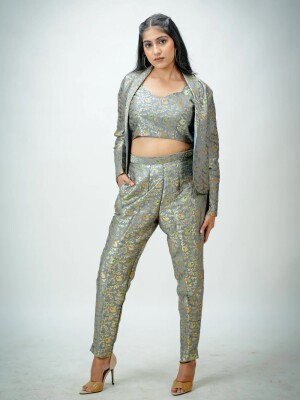 Brocade grey bustier, blazer & straight fit pants