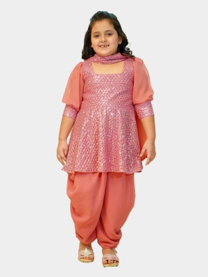 Embroidered Pink Georgette Dhoti & Peplum Kurta Set, Perfect traditional outfit to adorn your little doll, Traditional Wear for Girls