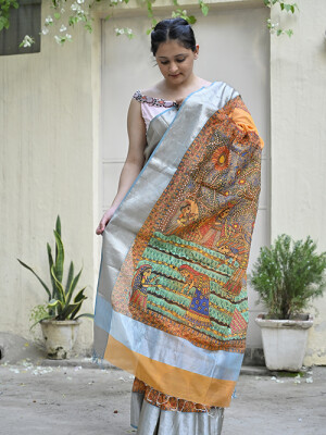 Madhubani simple rural life handloom cotton mulberry silk saree
