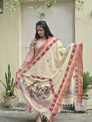 Beautiful hand painted madhubani cotton dupatta