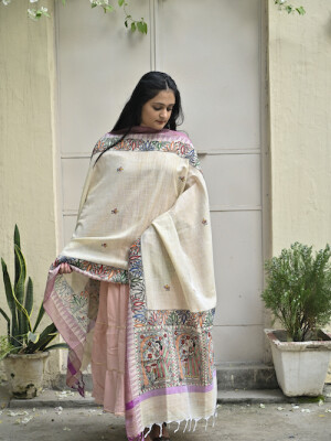 Beige cotton hand painted dupatta