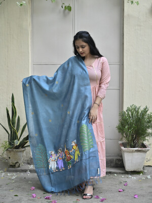 Stunning blue hand painted patta chitra munga silk dupatta
