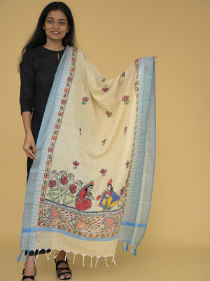 Hand painted madhubani beige cotton dupatta