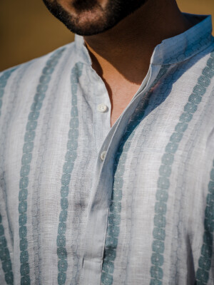 Mint Green Linen Print Men's Long Kurta Ethnic Wear, Indian Fashion, Traditional Attire , Printed Pattern