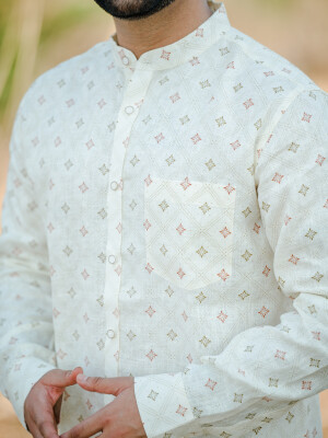 Ivory Linen Mandarin Men's Print Shirt , Ivory Stand Collar Men's Shirt with Unique Design