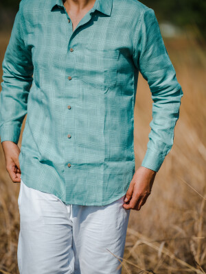 Mint Green Linen Men's Checks Shirt , Elegant and classy shirt for Men