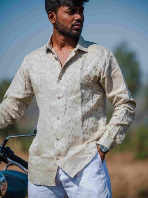 Gold Linen Men's Floral Print Shirt , Men's shirt Stylish Breathable & Comfortable Modern fit