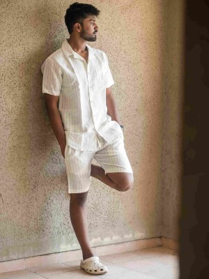 Off-White Linen Stripe Men's Co-ord Set Fashion, Comfort, Coordinated Look, Sleek Design, Breathable Fabric