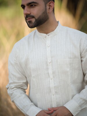 Beige Mandarin Linen Men's Stripe Shirt , classy and elegant men shirt
