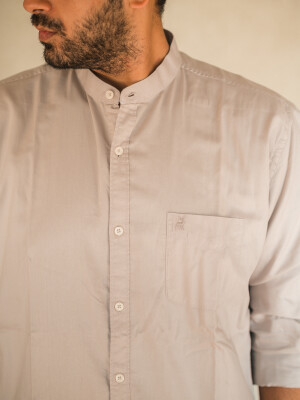 PLAIN BEIGE MANDARIN COLLAR SEMI FORMAL MEN'S SHIRT semi-formal, men's, shirt, fashion, style, clothing