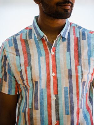 BEIGE AND BLUE STRIPE MEN'S CASUAL SHIRT  Striped Shirt, Casual Wear, Cotton Fabric