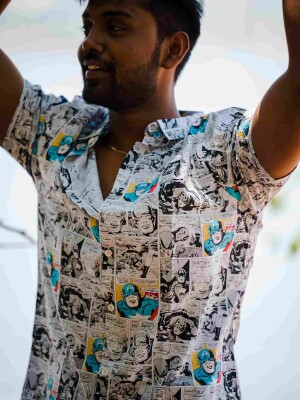 BLACK AND WHITE COMIC PRINT MEN'S CASUAL SHIRT, casual, shirt, fashion, style, clothing, comfortable