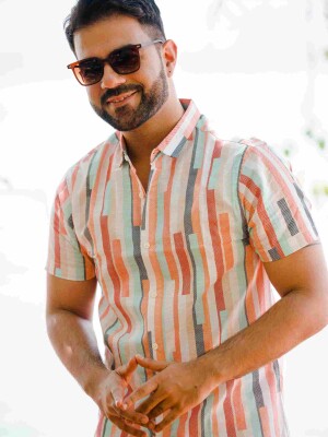 BEIGE AND ORANGE STRIPE MEN'S CASUAL SHIRT MEN'S, CASUAL, SHIRT, FASHION, STYLE, CLOTHING, VERSATILE