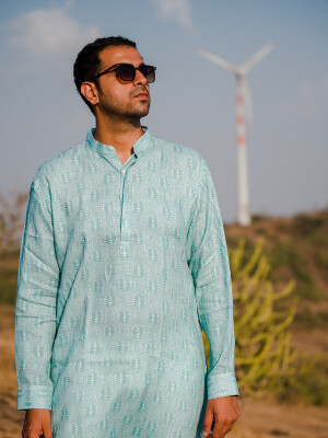 Mint Green Floral Print Men's Kurta , Ethnic Wear, Indian Fashion, Traditional Attire, Festive Clothing