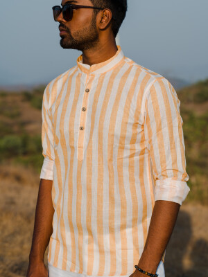 Yellow & Beige Cotton Stripe Men's Short Kurta Ethnic Wear, Indian Fashion, Traditional Attire