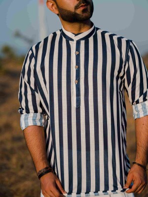 Navy & Beige Cotton Stripe Men's Short Kurta hnic Wear, Indian Fashion, Traditional Attire, Casual Kurtas